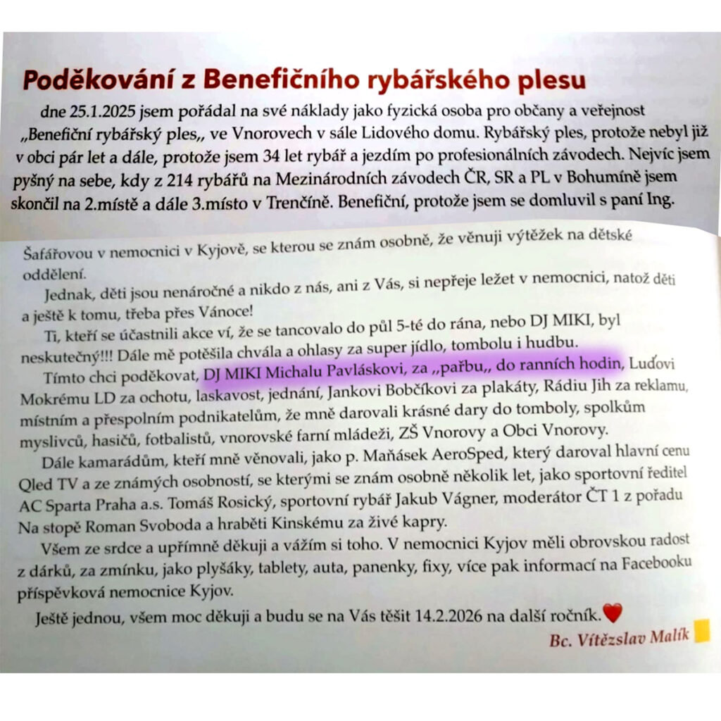 Poděkování z Benefičního rybářského plesu ve Vnorovech Poděkování z Benefičního rybářského plesu ve Vnorovech